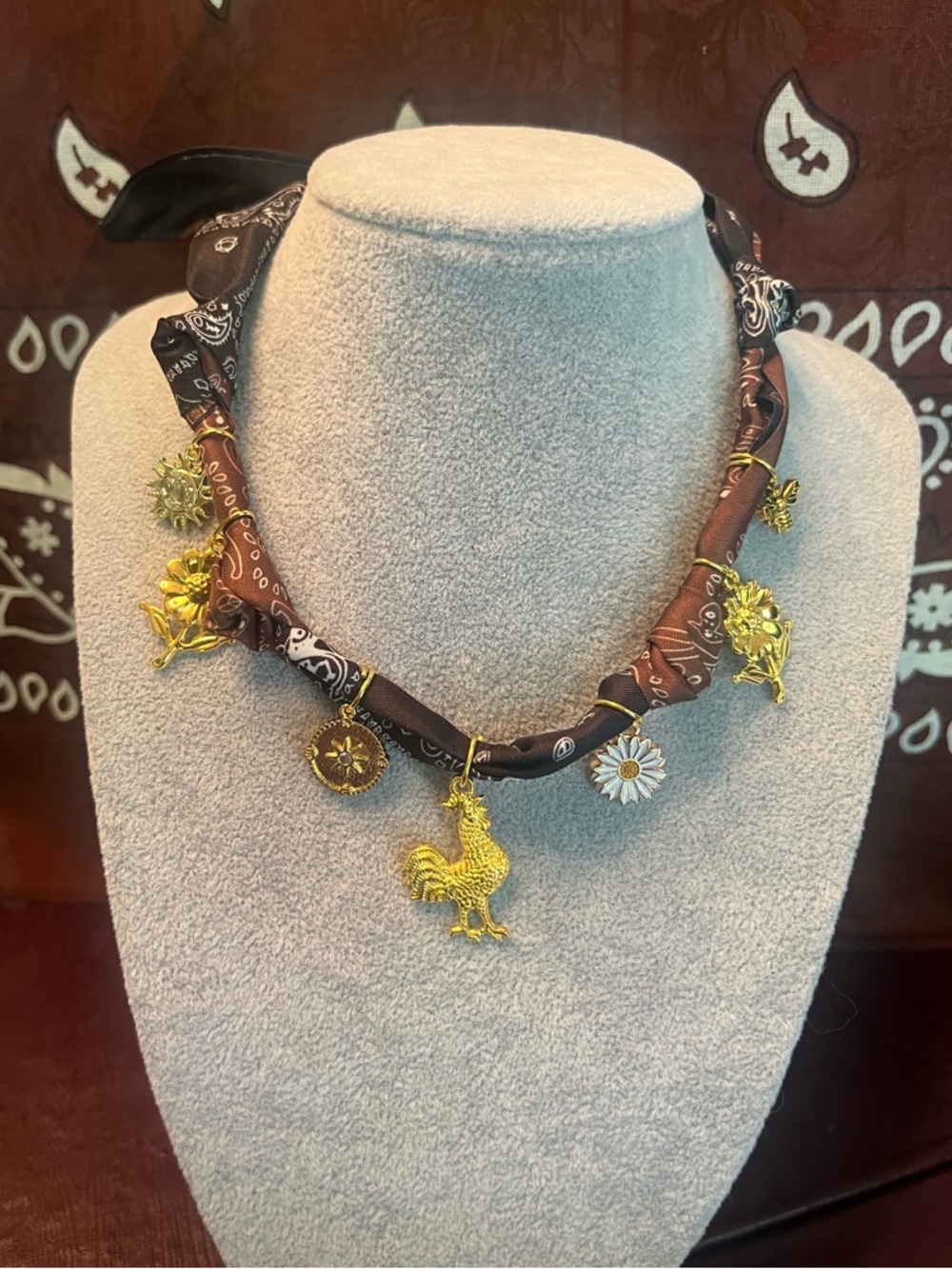 Handcrafted Brown Bandana Necklace with Gold Charms - Women Jewelry